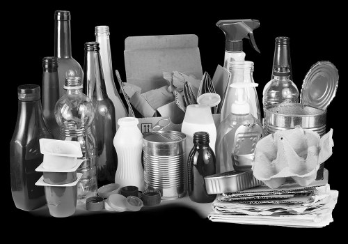 A collection of various discarded glass bottles, including clear and dark varieties, some with labels and others without, along with aluminum cans, paper cups, and crumpled newspapers, all arranged on a flat surface. The bottles and cans are of different shapes and sizes, with some standing upright and others leaning or stacked. In the background, there is a cardboard box filled with additional waste items and some scattered paper or cardboard fragments. The setting appears to be an indoor space or a work area where rubbish is being sorted or prepared for removal, relevant to services offered by Office Clearance Spitalfields in the London postcode area, focusing on waste disposal and rubbish clearance.