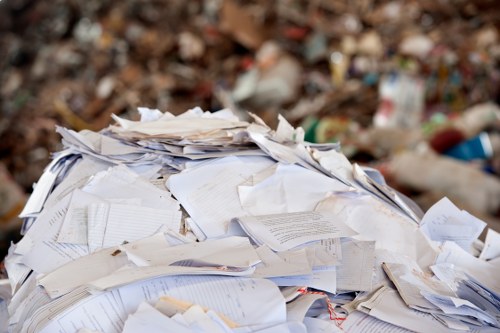 A large pile of assorted paperwork and loose documents, including printed pages on white and cream-colored paper, is stacked outdoors on a gravel or dirt surface. The documents are scattered and overlapping, with some crumpled or torn. The background shows a blurred mixture of natural earth tones, indicating an outdoor environment, possibly a waste or rubbish disposal area in London with local details inferred from nearby context. The scene emphasizes the presence of dumped rubbish, which might be targeted for professional clearance services. The image showcases the chaotic arrangement of paper waste, with textures ranging from smooth printed pages to crumpled features. The natural lighting highlights the varied textures and colours of the paper materials, situating the scene within a typical rubbish collection or disposal site relevant to area-specific waste management operations handled by companies like Office Clearance Spitalfields, situated in well-known parts of East London.